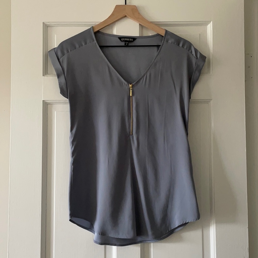 Silky Zip Front Rolled Sleeve V-Neck Blouse